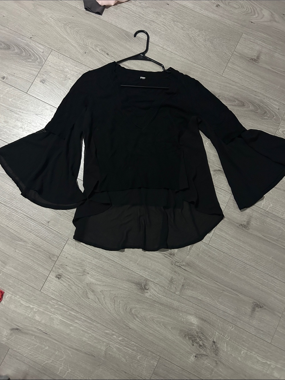 Black Bell-Sleeve Layered V-Neck Women's Top